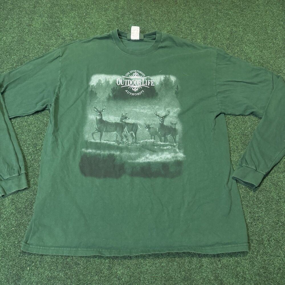 VTG Outdoor Life Deer Forest Long Sleeve Shirt Green XL 90s Hunting Nature Tee